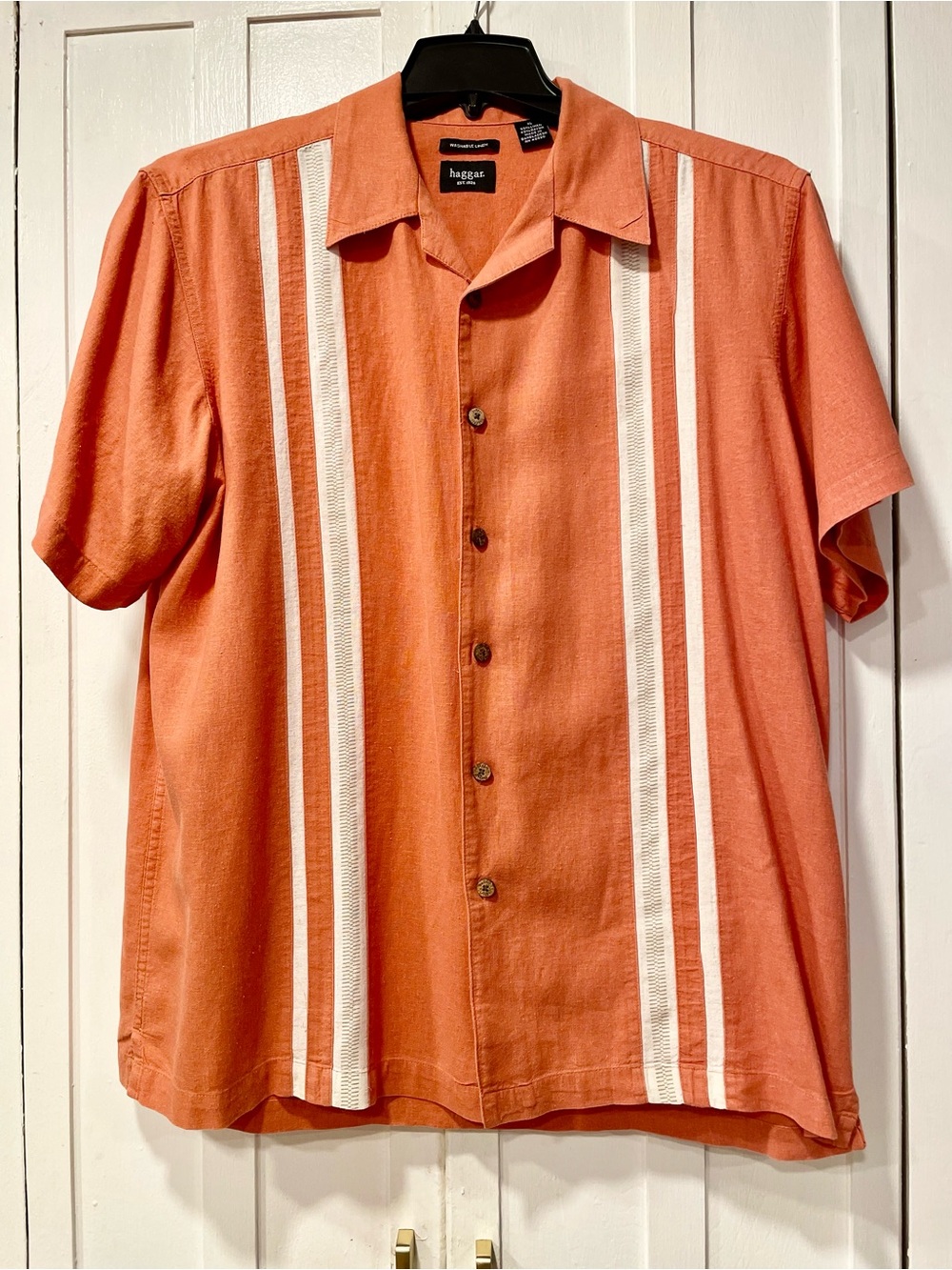 Haggar Washable Linen Blend Camp Shirt Orange Short Sleeve Button Front Sz. XL